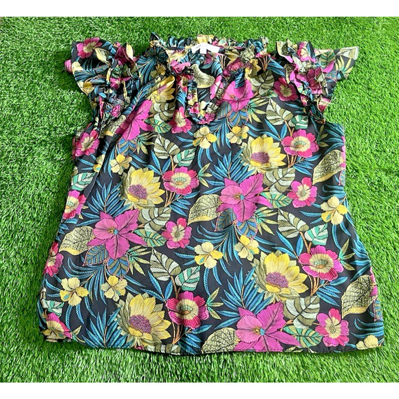 Rose & Olive Tropical Floral Boho Peasant Top - Large - Picture 1 of 7